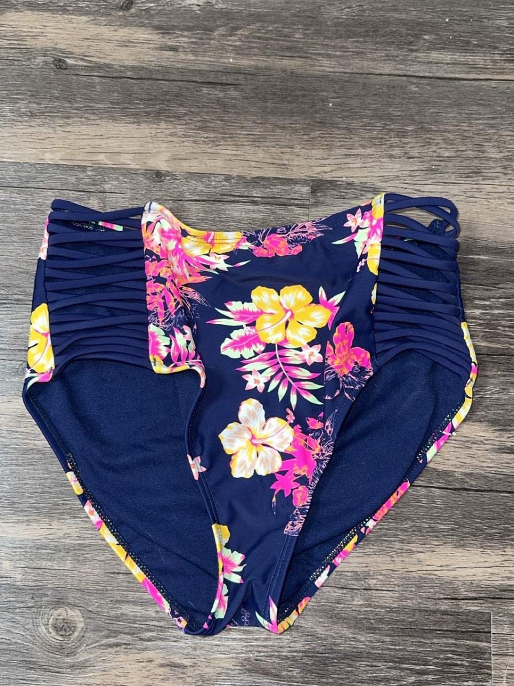 Navy Floral High-Waist Swim Bottoms with Side Straps